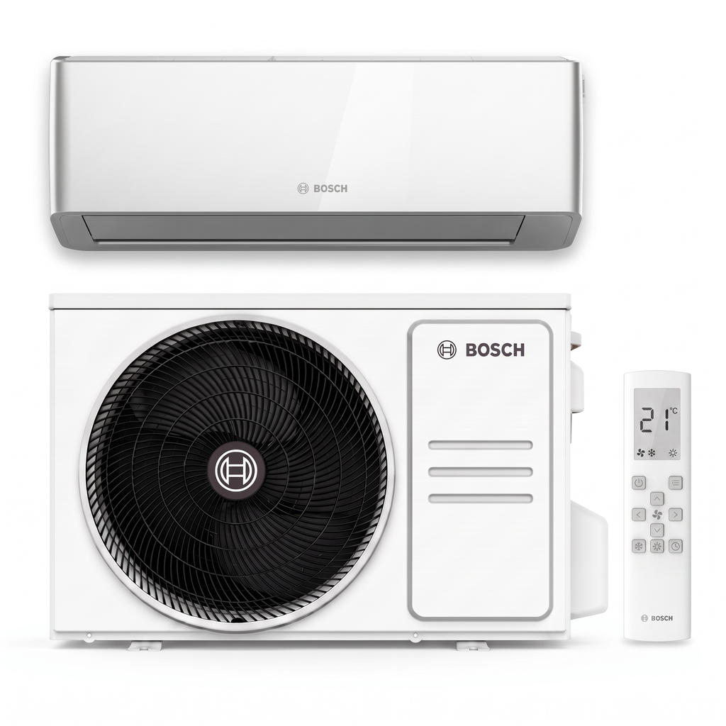 Bosch Climate 7000i Set: Innengerät mit Silberrahmen, Außengerät und Fernbedienung