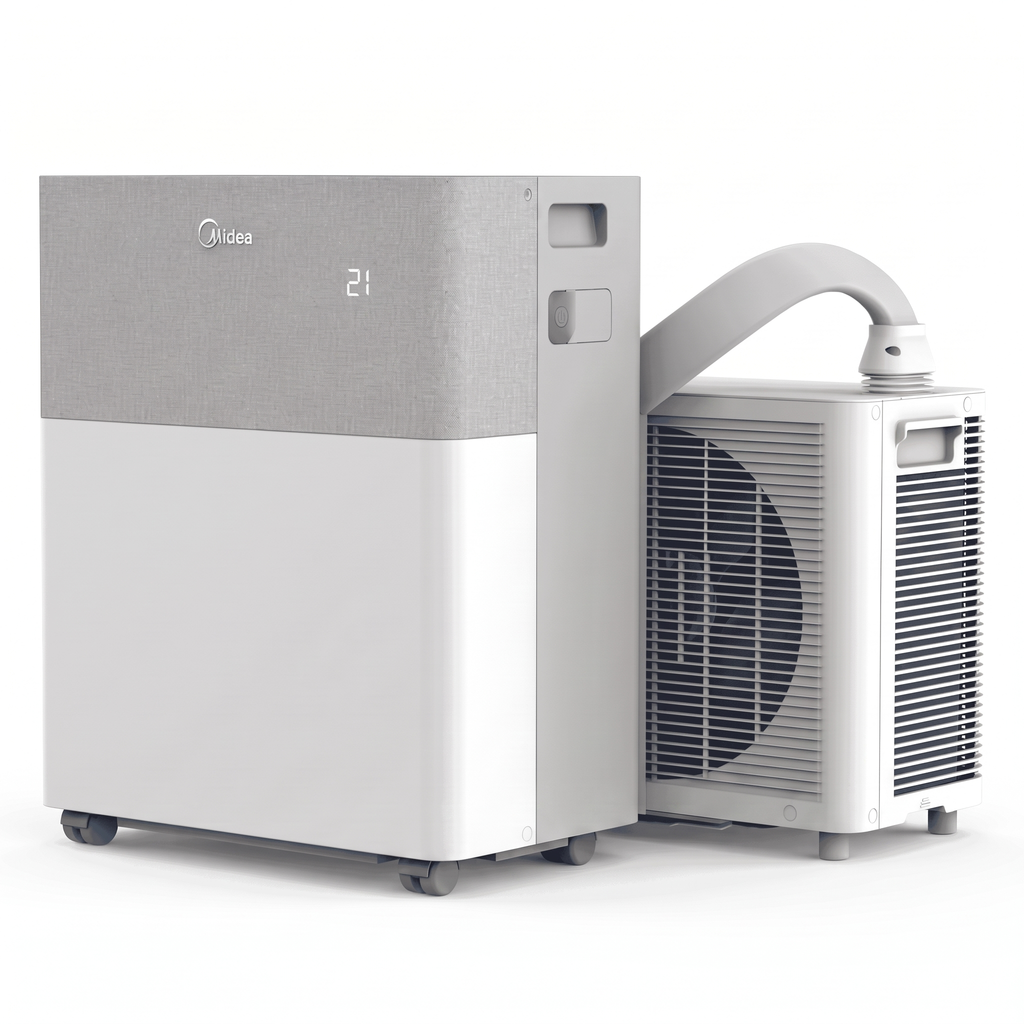 Midea PortaSplit: Innenteil auf Rollen, Außenteil und Quick-Connect-Schlauch