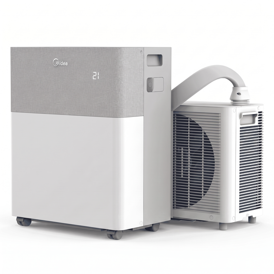 Midea PortaSplit: Innenteil auf Rollen, Außenteil und Quick-Connect-Schlauch